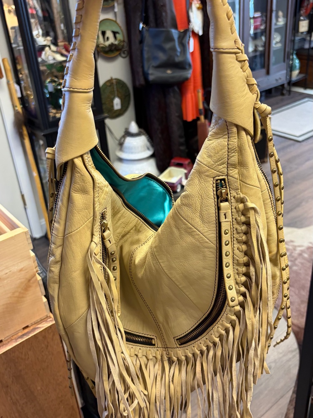 Oryany O by Oryany Cream Leather Fringe Studded Hobo Shoulder Bag